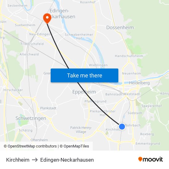 Kirchheim to Edingen-Neckarhausen map