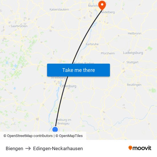 Biengen to Edingen-Neckarhausen map