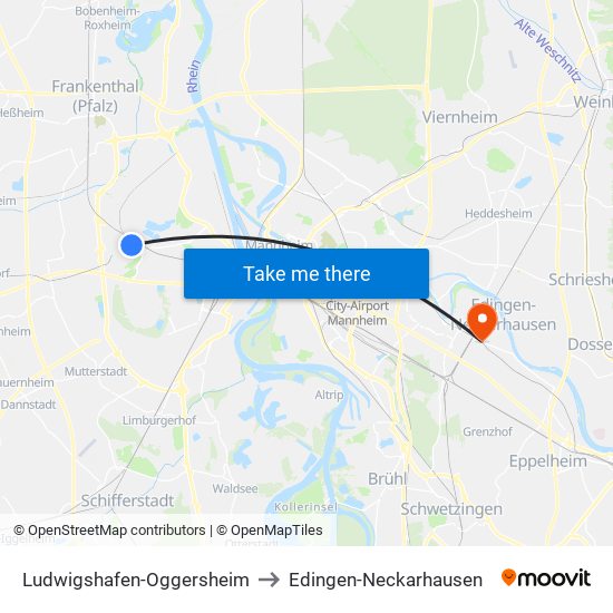 Ludwigshafen-Oggersheim to Edingen-Neckarhausen map