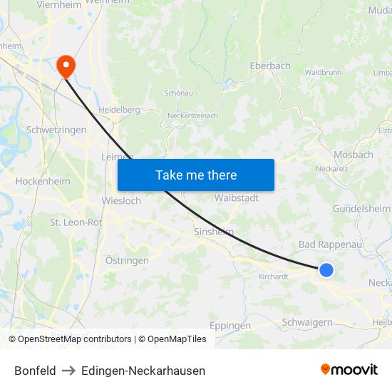 Bonfeld to Edingen-Neckarhausen map