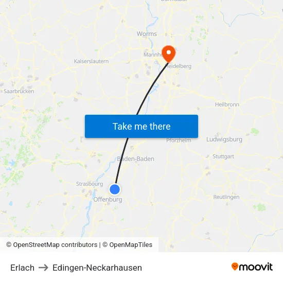 Erlach to Edingen-Neckarhausen map