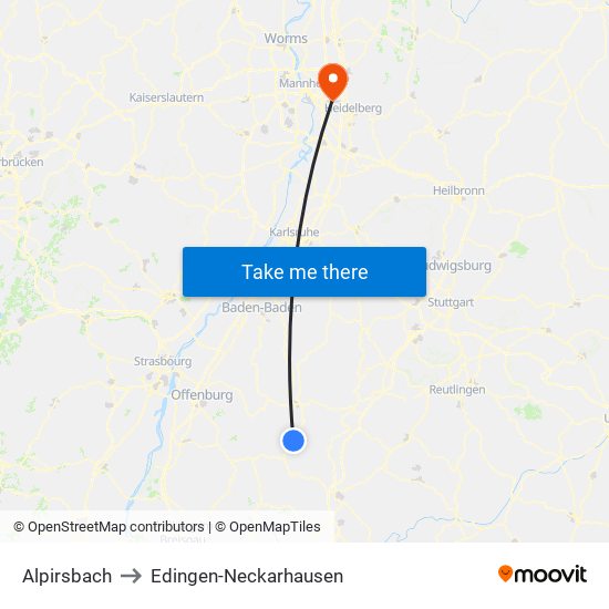 Alpirsbach to Edingen-Neckarhausen map