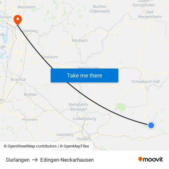 Durlangen to Edingen-Neckarhausen map