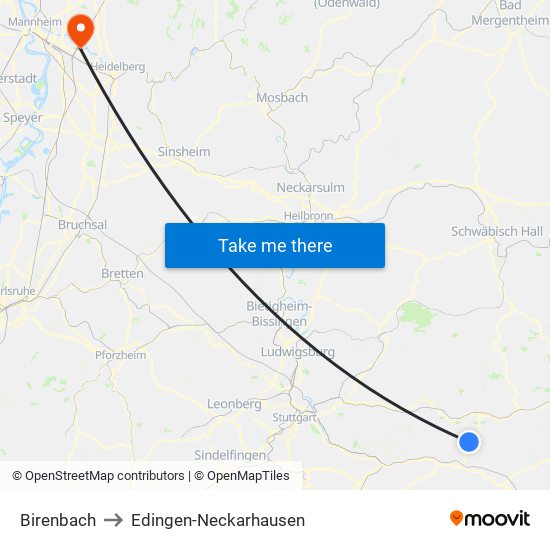 Birenbach to Edingen-Neckarhausen map