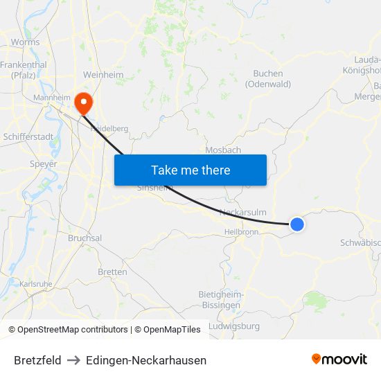 Bretzfeld to Edingen-Neckarhausen map