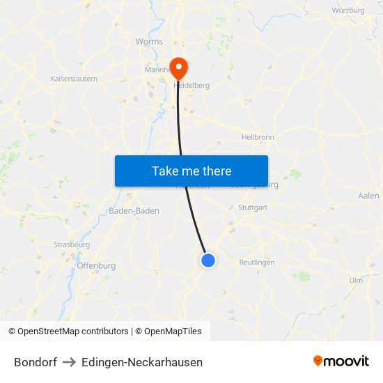 Bondorf to Edingen-Neckarhausen map