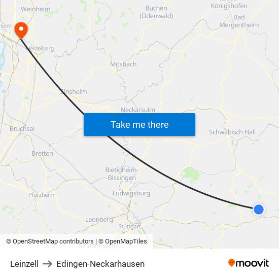 Leinzell to Edingen-Neckarhausen map