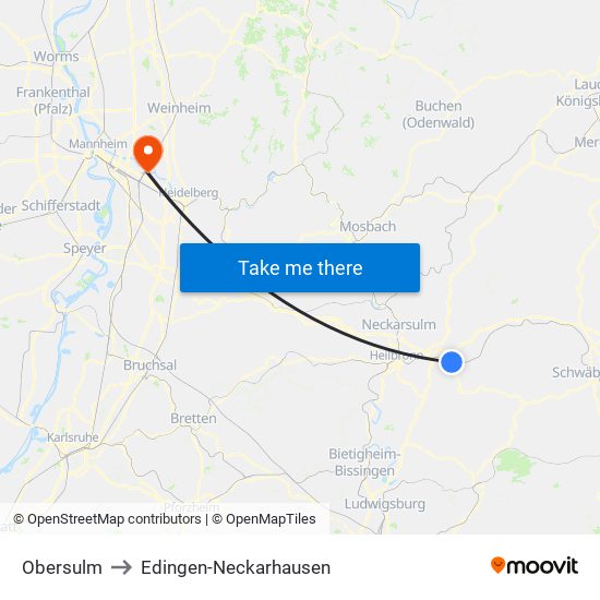 Obersulm to Edingen-Neckarhausen map