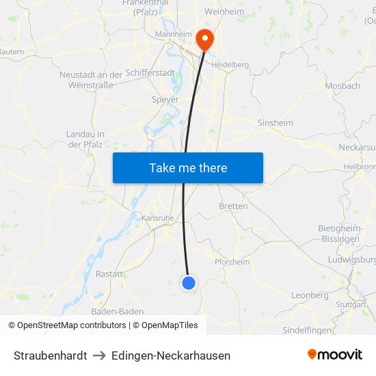 Straubenhardt to Edingen-Neckarhausen map