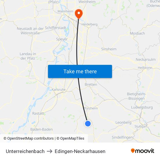 Unterreichenbach to Edingen-Neckarhausen map