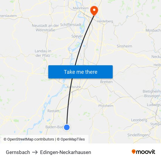 Gernsbach to Edingen-Neckarhausen map