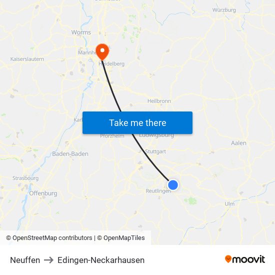 Neuffen to Edingen-Neckarhausen map