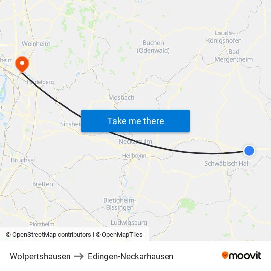 Wolpertshausen to Edingen-Neckarhausen map