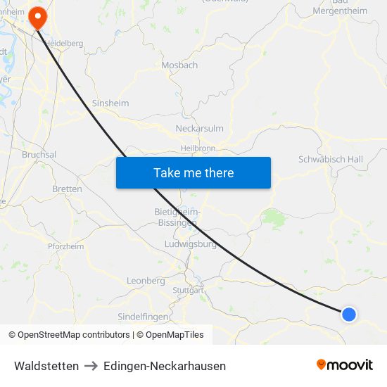 Waldstetten to Edingen-Neckarhausen map