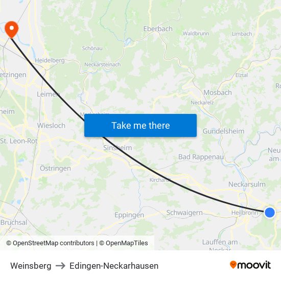 Weinsberg to Edingen-Neckarhausen map