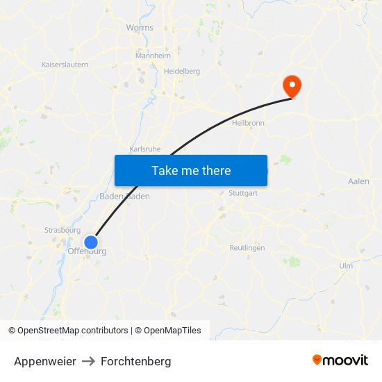 Appenweier to Forchtenberg map