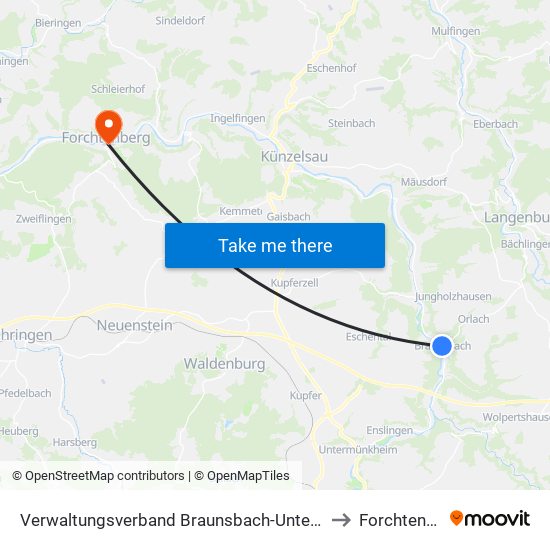 Verwaltungsverband Braunsbach-Untermünkheim to Forchtenberg map