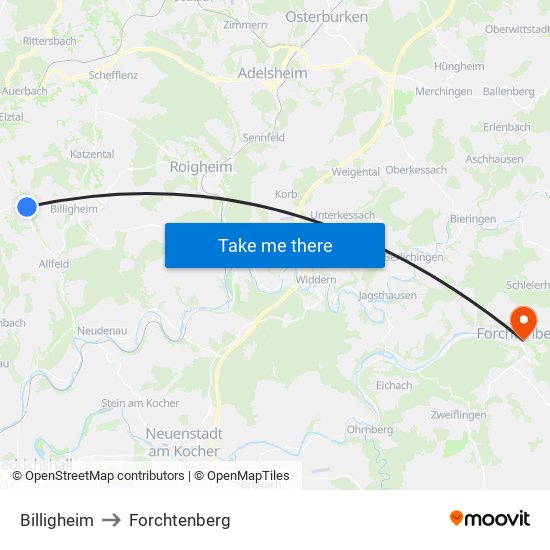 Billigheim to Forchtenberg map