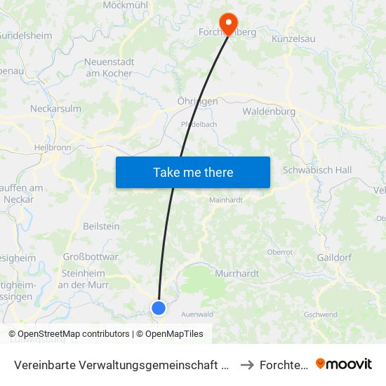 Vereinbarte Verwaltungsgemeinschaft Der Stadt Backnang to Forchtenberg map