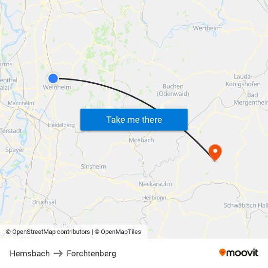 Hemsbach to Forchtenberg map