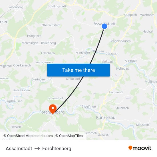 Assamstadt to Forchtenberg map