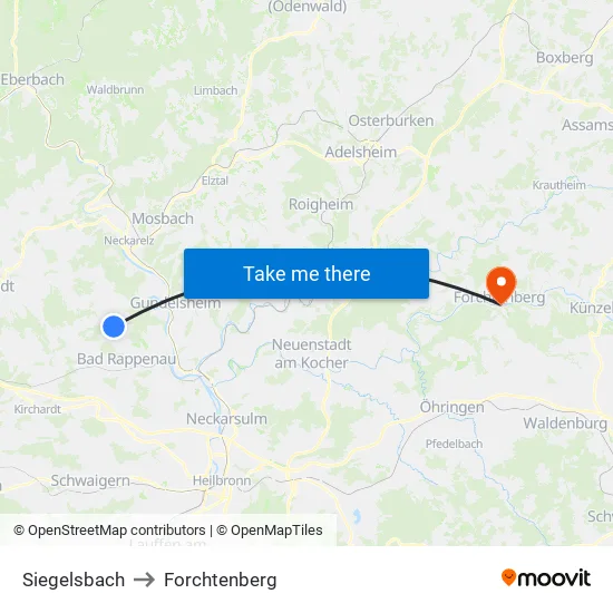 Siegelsbach to Forchtenberg map