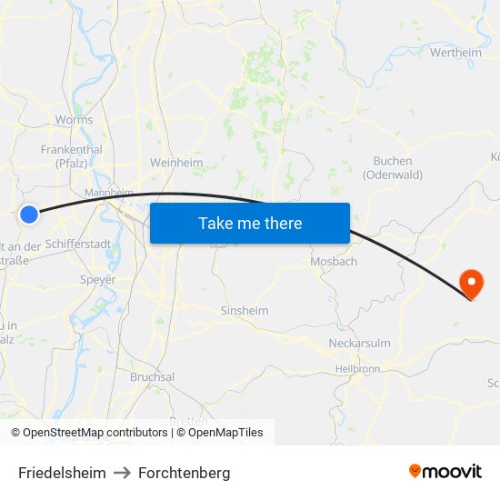 Friedelsheim to Forchtenberg map