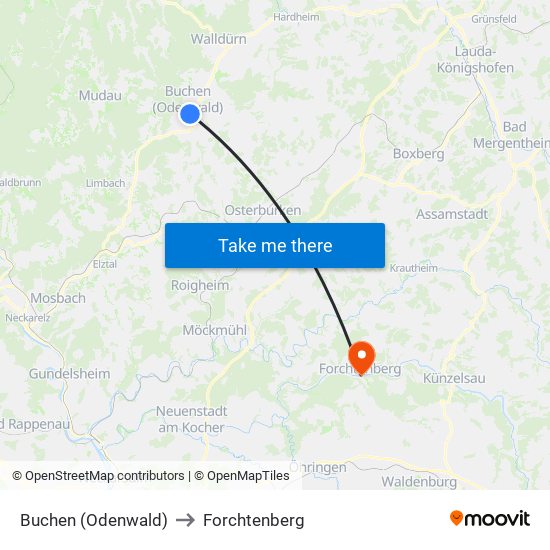 Buchen (Odenwald) to Forchtenberg map