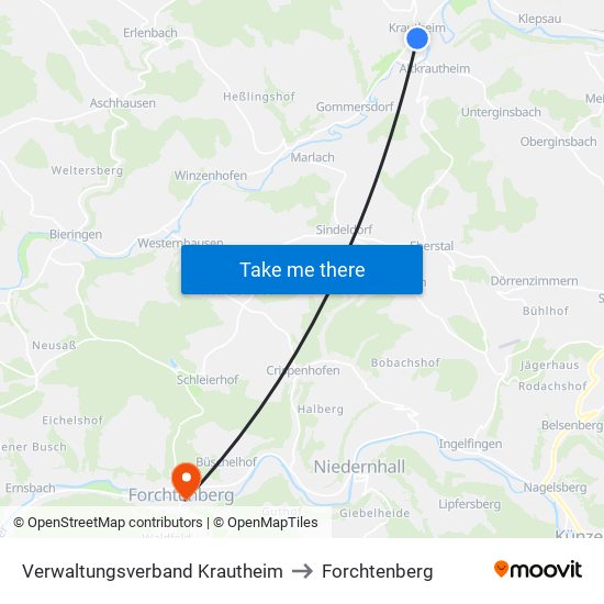 Verwaltungsverband Krautheim to Forchtenberg map