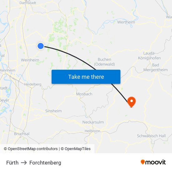 Fürth to Forchtenberg map