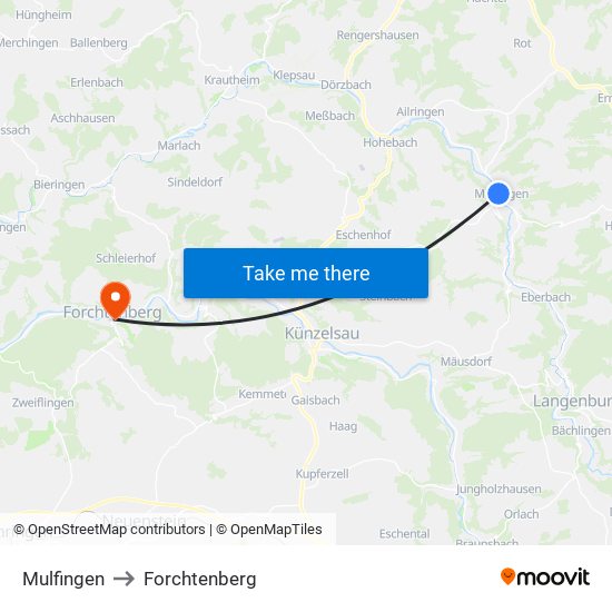 Mulfingen to Forchtenberg map