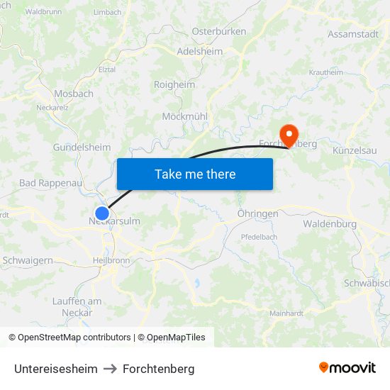 Untereisesheim to Forchtenberg map