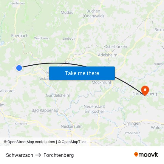 Schwarzach to Forchtenberg map