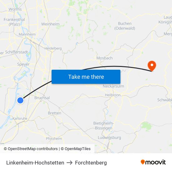 Linkenheim-Hochstetten to Forchtenberg map