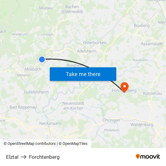 Elztal to Forchtenberg map
