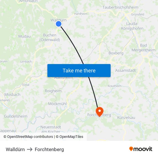 Walldürn to Forchtenberg map