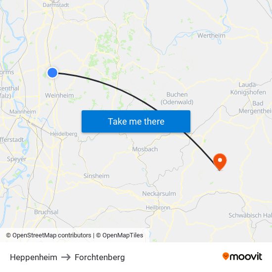 Heppenheim to Forchtenberg map