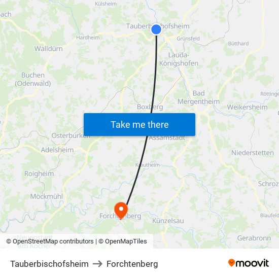 Tauberbischofsheim to Forchtenberg map