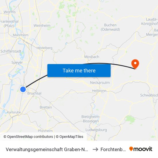 Verwaltungsgemeinschaft Graben-Neudorf to Forchtenberg map