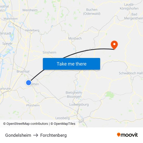 Gondelsheim to Forchtenberg map