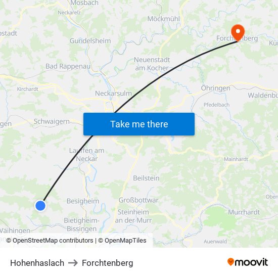 Hohenhaslach to Forchtenberg map