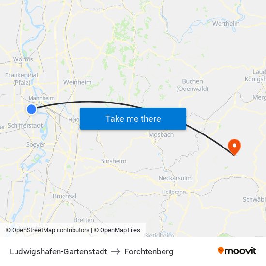 Ludwigshafen-Gartenstadt to Forchtenberg map