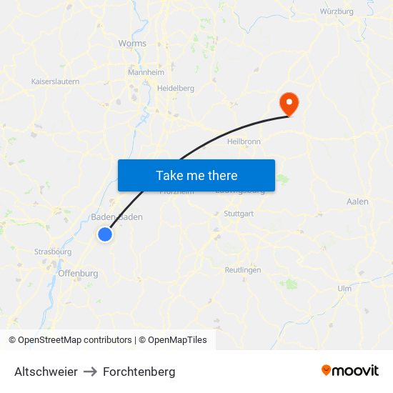 Altschweier to Forchtenberg map