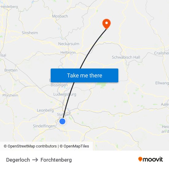 Degerloch to Forchtenberg map