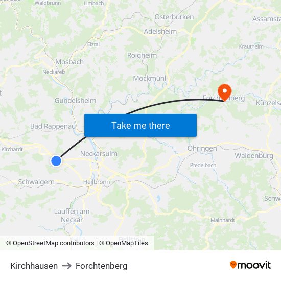 Kirchhausen to Forchtenberg map