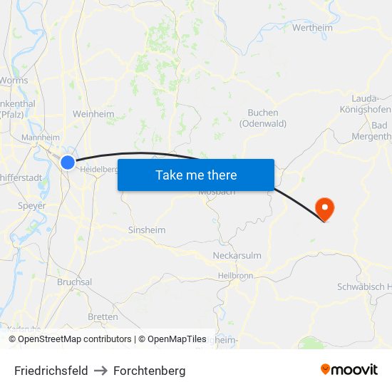 Friedrichsfeld to Forchtenberg map