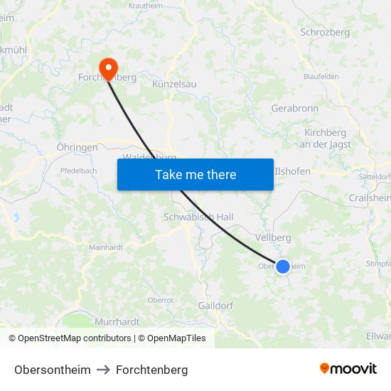 Obersontheim to Forchtenberg map