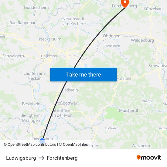 Ludwigsburg to Forchtenberg map