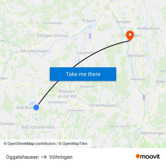 Oggelshausen to Vöhringen map