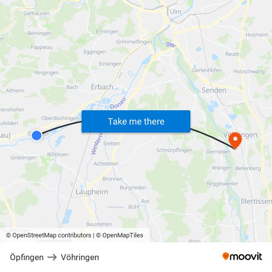 Öpfingen to Vöhringen map